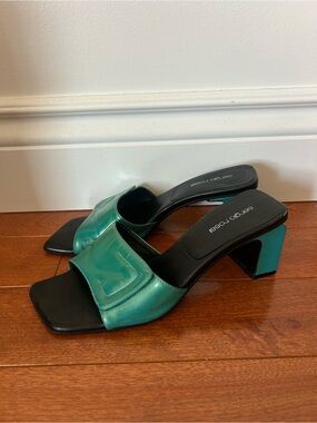 Sergio Rossi Emerald Patent Leather Square Toe Block Heel Mules❤️38